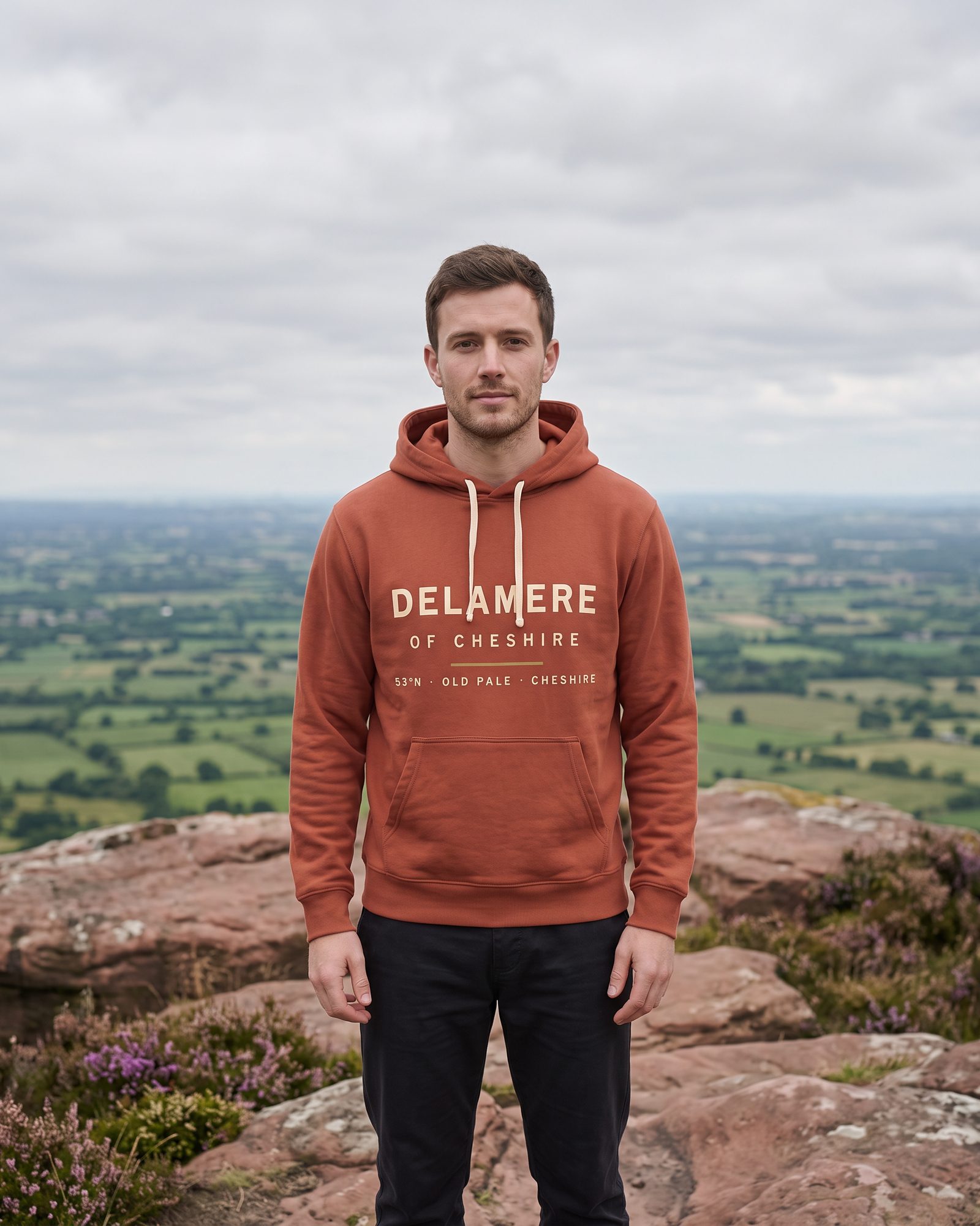 The Sandstone Ridge Hoodie on a sandstone outcrop above the Cheshire Plain
